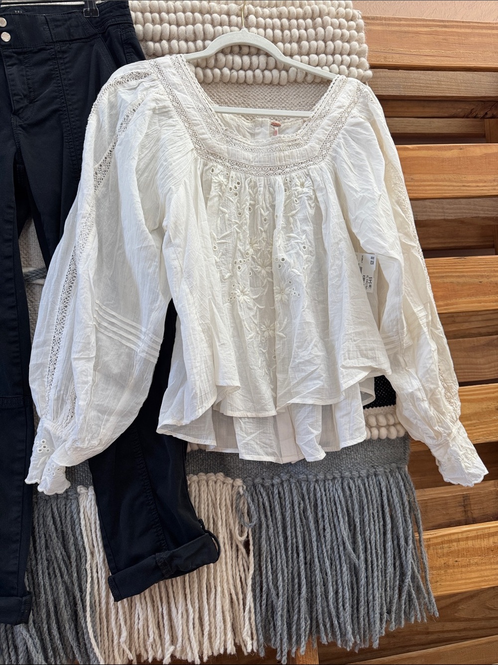 Free People White Boho Lace-Embroidered Peasant Top NWT